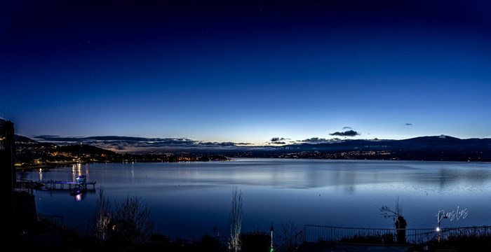 This photo shows Gellatly Bay in West Kelowna during blue hour. 