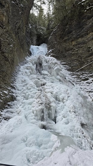 Margaret Falls in Salmon Arm is frozen still in cold winter temperatures. 