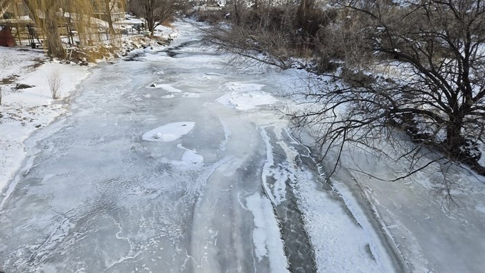 The Bonaparte River in Ashcroft is pictured frozen over. 