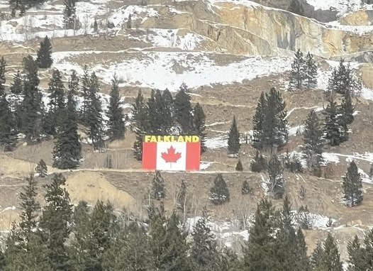 The iconic Canadian Flag on the hillside in Falkland is pictured in February. 