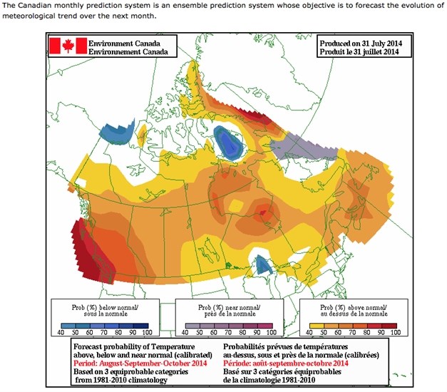 This is just one map on the Environment Canada page showing temperature and precipitation trends for the coming month. Other maps showing longer range forecasts can be found on their website.
