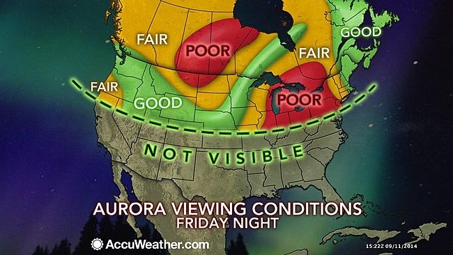 This Accuweather map shows where the northern lights should be visible Friday night.