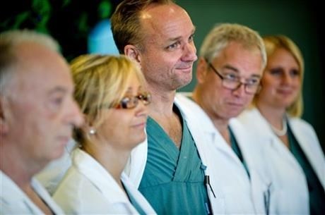 In this Tuesday, Sept. 18, 2012 file photo, from left specialist surgeons Andreas G Tzakis, Pernilla Dahm-Kähler, Mats Brannstrom, Michael Olausson and Liza Johannesson attend a news conference, at Sahlgrenska hospital in Goteborg, Sweden.
