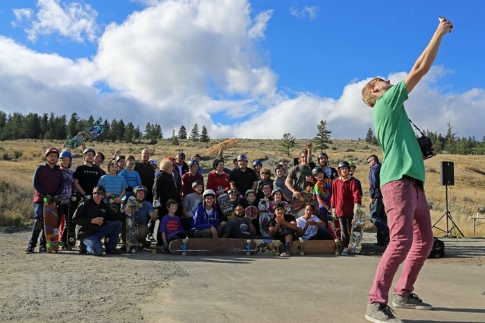 Most of the longboarders in attendance at the Kamloops Longboarding Track grand opening on Saturday, Oct. 18, 2014 stopped for a selfie before hitting the downhill track.
