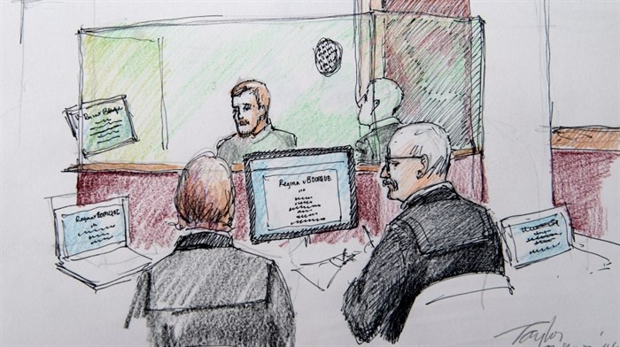 An artist's sketch shows the sentencing hearing for Justin Bourque at Moncton Law Courts in Moncton, N.B. on Monday, Oct. 27, 2014.
