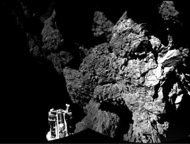 A combination of different images taken by Philae's cameras show the space probe safely on the surface of comet 67P/Churyumov-Gerasimenko on Nov. 12, 2014. One of the lander's three feet can be seen in the foreground.