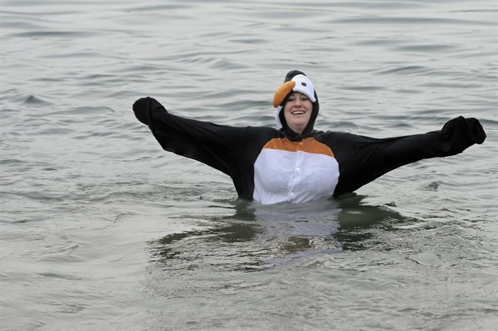 Some came dressed for the occasion at the Kamloops Polar Bear Swim at Riverside Park, Thursday, Jan 1, 2015.