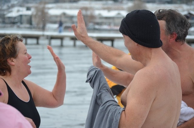Swimmers congratulated one another on the frigid feat. 
