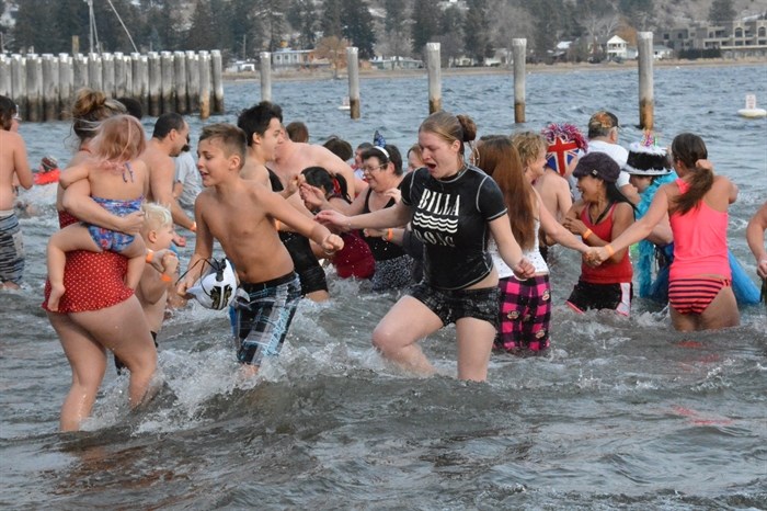 There was a brief moment of frolicking during the annual Peachland Polar Bear Swim, January 1, 2015.