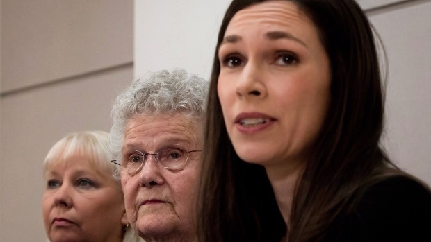 From left to right, Gloria Taylor's sister Patty Ferguson, of Edmonton, Alta., her 85-year-old mother Anne Fomenoff, of Castlegar, B.C., and B.C. Civil Liberties Association litigation director Grace Pastine attend a news conference in Vancouver, B.C., on Sunday March 3, 2013.
