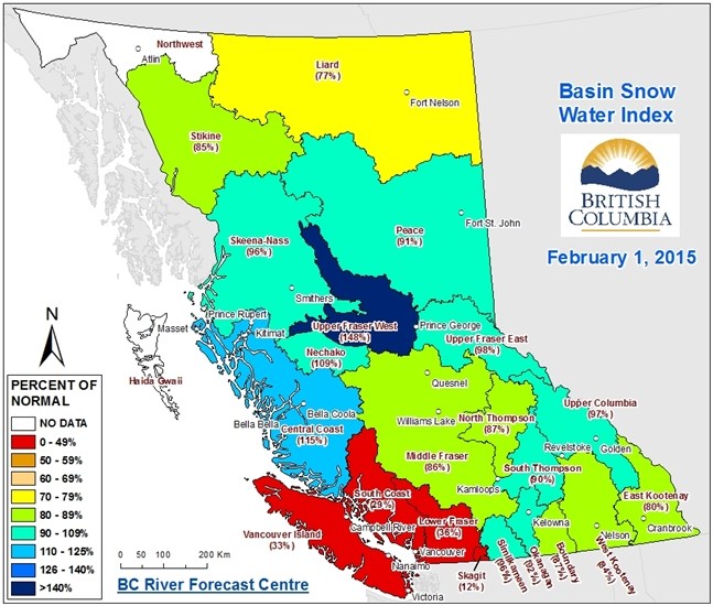 A map from the B.C. River Forecast Centre Snow Survey and Water Supply bulletin issued on Friday, Feb. 06, 2015 shows snowpack levels in the province.