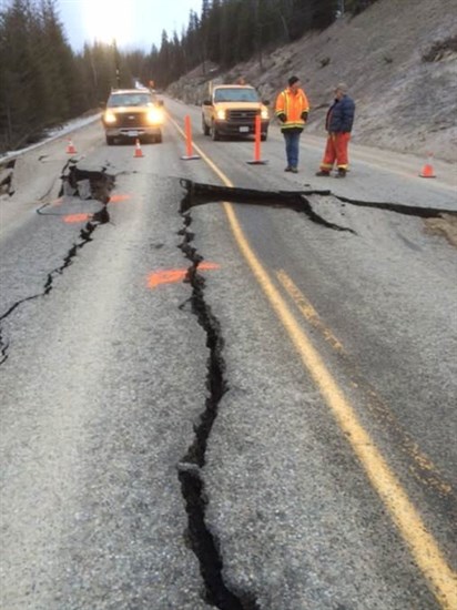 Cracks in the asphalt on Highway 6 can be clearly seen in this photo taken, Friday, Feb, 20, 2015.