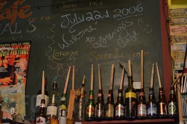 The decor at Lorenzo's is made up of the current art show, past concert posters, broken drum sticks, and relics of the old schoolhouse, like this blackboard (the date still features July 22, 2006, when Lorne held a ten year anniversary music festival.)