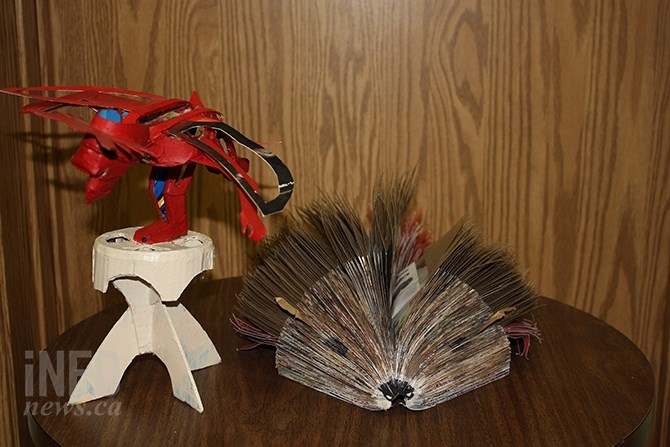 A couple of examples of native art offered by students at En'owkin Centre include these pieces, both fashioned out of paper. The porcupine took more than 900 sheets to create.