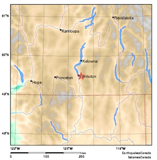 Approximate location of an earthquake lightly felt in Penticton and Naramata, Thursday, June 18, 2015.
