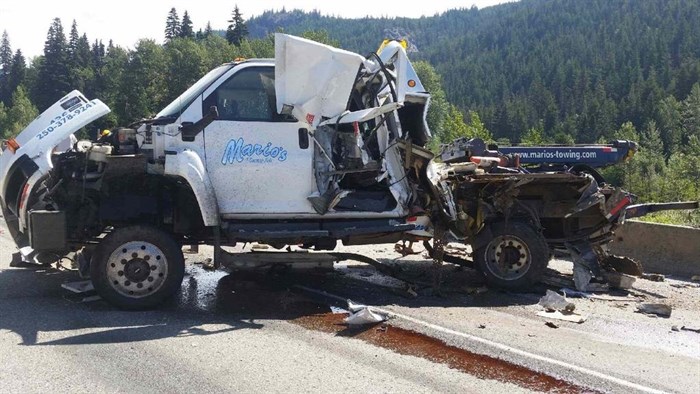 One of the vehicles involved in the crash on the Coquihalla Highway between Merritt and Hope, Saturday, June 27, 2015, is a tow truck.