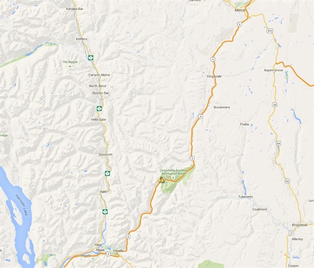 Approximate location of semi fire on Coquihalla Highway, Sunday, June 28, 2015.