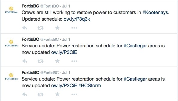 Sort through the corporate tweets from @FortisBC and you will find power outage updates.