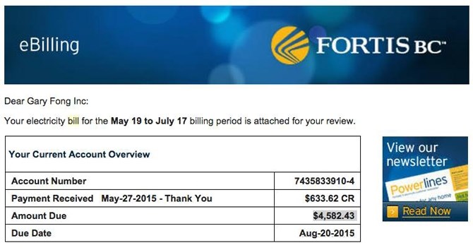 A screen capture of the Fortis B.C. e-bill submitted by Gary Fong.