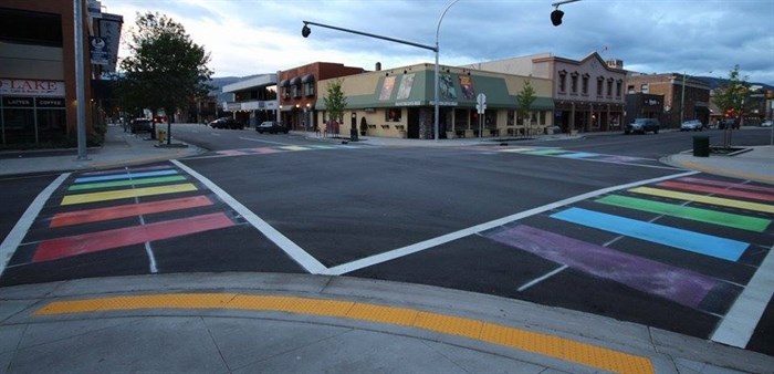 A rainbow crosswalk was installed at Lawrence Avenue and Pandosy Street in downtown Kelowna in 2015. 