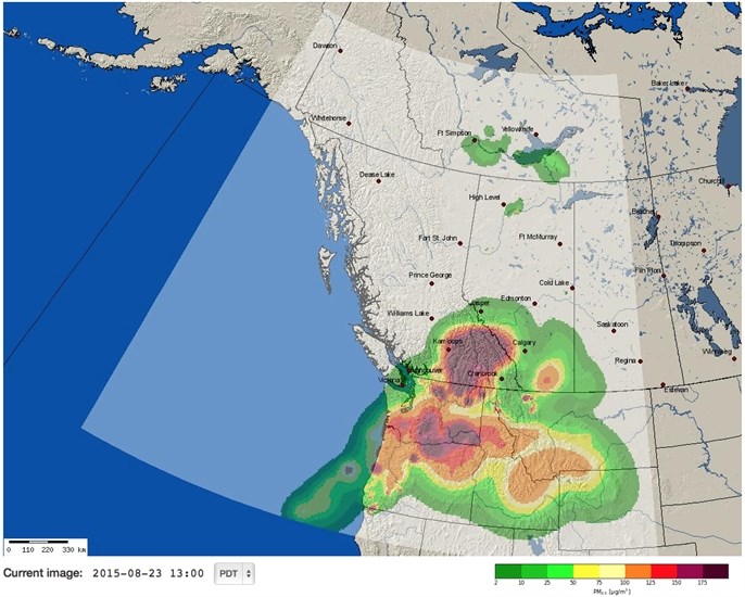 A screen shot of the forest fire smoke forecast from firesmoke.ca.