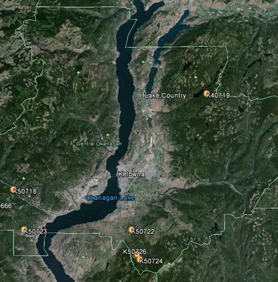 A map of active wildfires burning around the Central Okanagan.