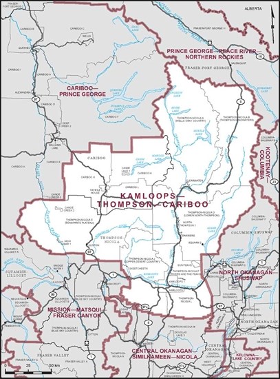 Map of the Kamloops-Thompson-Cariboo riding