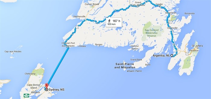 The trek. If Dostaler makes it to Sydney before Sept. 25, he will catch the ferry to Argentia, NF. If not, the ferry will close and he'll be forced to run an extra 900 kilometres to reach St. John's - his final stop.