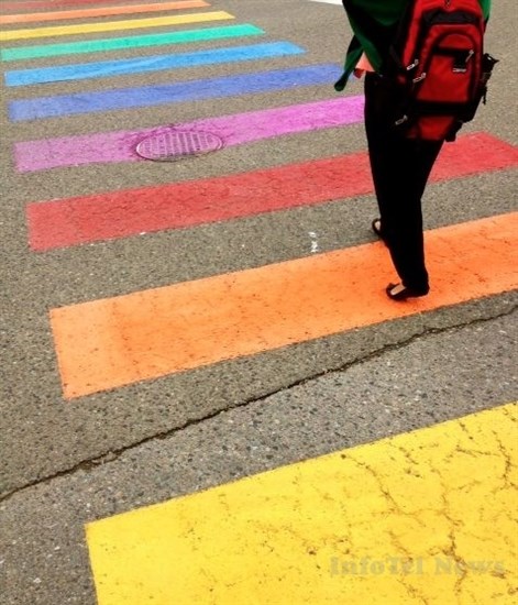 Rainbow crosswalk at Thompson Rivers University.