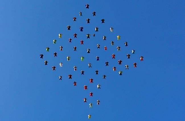This photo taken, Oct. 17, 2015, and provided by Skydive Perris shows 61 wingsuit skydivers setting a new world record for the largest aerial formation in the sky over Perris, Calif., about 70 miles southeast of Los Angeles. Exiting from three airplanes at 13,5000 feet, flyers formed a diamond shape in flight, covering a distance of more than two miles, before dispersing at 5,500 feet. The record event included participants from 12 countries.
