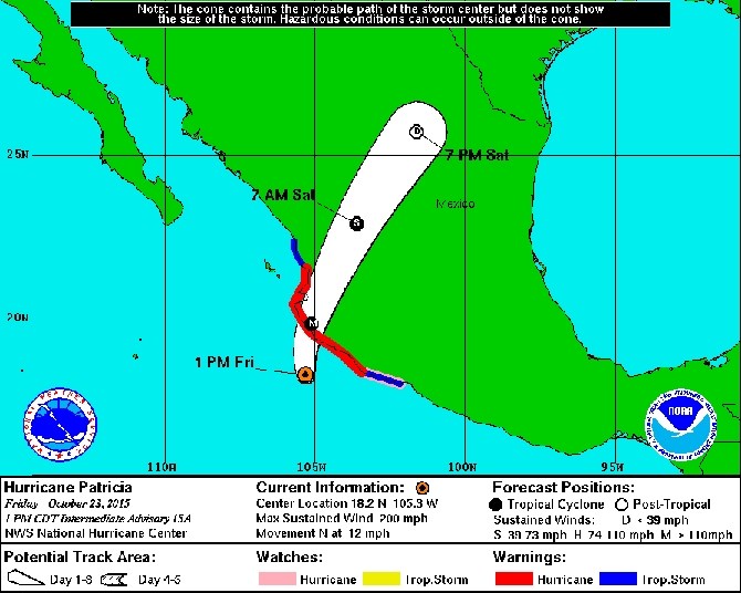 A map of Hurricane Patricia from the National Oceanic and Atmospheric Administration predicts landfall sometime Friday afternoon or evening.