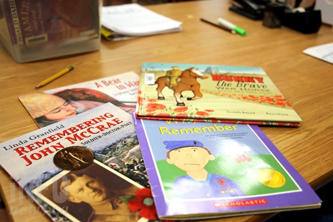 Some of the books being read in Mrs. Johnson's Grade 3 class ahead of Remembrance Day.
