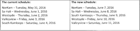 New schedule of graduation dates.