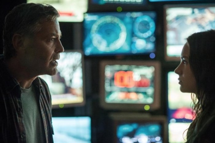 Still of George Clooney and Britt Robertson in Tomorrowland set for release on May 22, 2015.