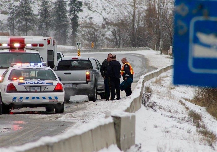 The driver of a pickup truck hit a concrete barrier on Highway 97 near Summerland, Saturday, Jan. 16, 2015.