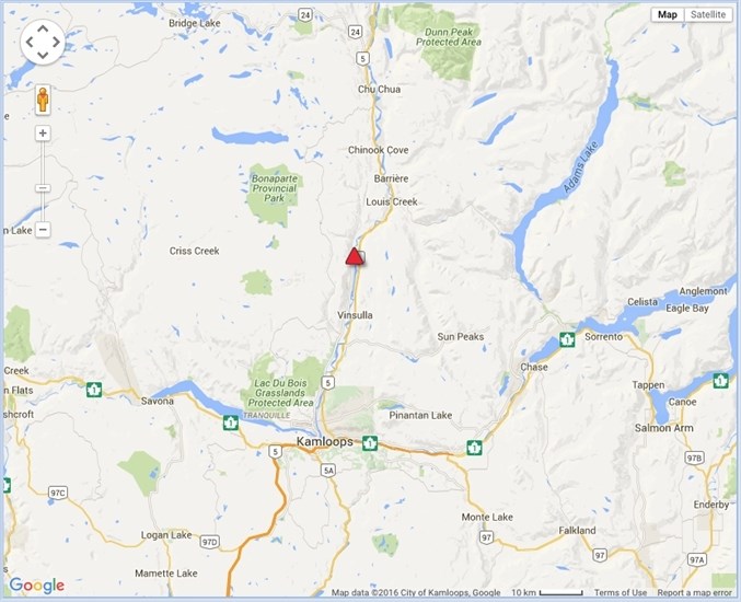 The location of the crash, south of Barriere, B.C.