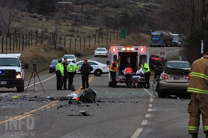 Emergency personnel at the scene of a head on collision at Vaseux Lake Provincial Park on Highway 97 on Jan. 24, 2016. An Oliver woman was taken to Kelowna General Hospital after being seriously injured in the incident.
