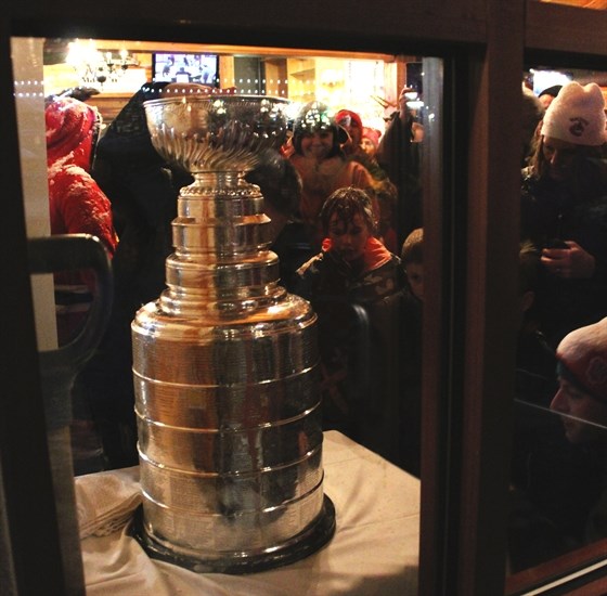 The crowd waits to have their photo taken with Lord Stanley's Cup at Sun Peaks Resort, Wednesday, Feb. 3, 2016.