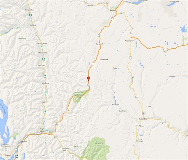 Approximate location of car crash on Coquihalla Highway between Merritt and Hope, Sunday, Feb. 7, 2016.