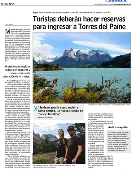 The article in Chile’s national newspaper, El Dia, about the partnership between the Shuswap Trail Alliance and AMA Torres del Paine.