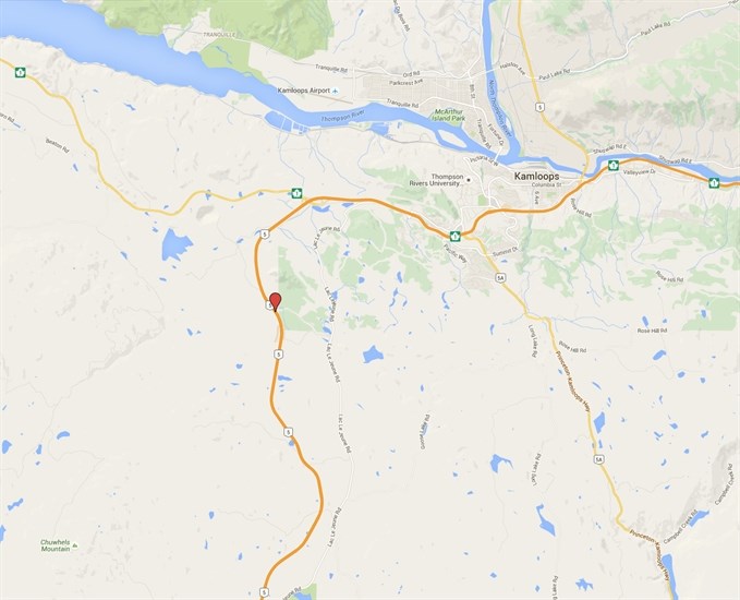 Approximate location of fatal single vehicle crash about 27 kilometres south of Kamloops on Highway 5 near the Inks Lake brake check.