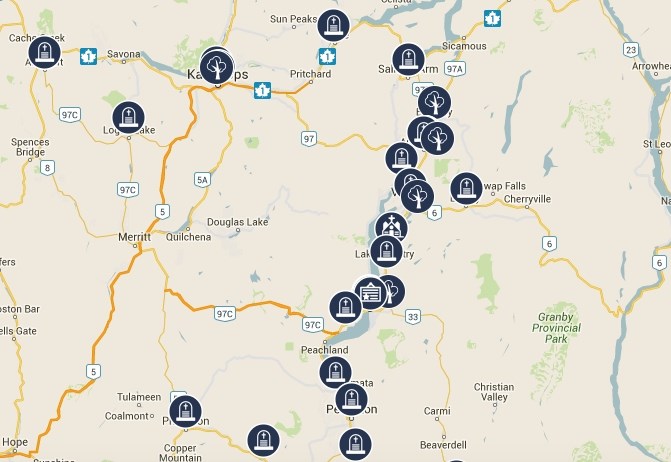 A screenshot of the Heritage B.C. map shows more than two dozen war memorials in the Southern Interior.