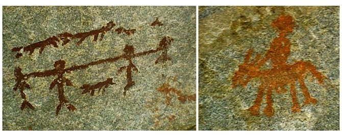 Native pictographs in the Simlikameen area include the 'Prisoner Paintings,'  which appears to depict four Indians chained together surrounded by what look to be representations of guard dogs.
