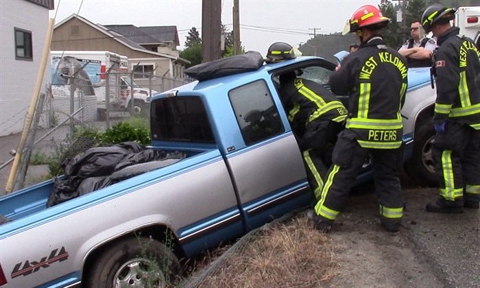 A 55-year-old West Kelowna man was taken to hospital with serious but non-life threatening injuries after driving his pickup truck through a chain link fence and into the ditch on Bartley Road in West Kelowna, Thursday, May 19, 2016.