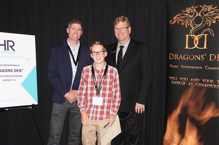 First place middle school: Mike Checkley, QHR Technologies (title sponsor), Teagan Adams, Okanagan Mission Secondary, Kevin Kaardahl, SD23 Superintendent of Schools