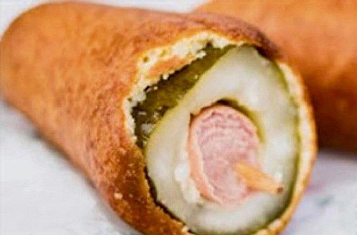The Big Pickle Dog by Big Coco’s Corndogs is a hot dog inserted into a hollowed-out pickle and coated in corn batter, and then of course deep fried.