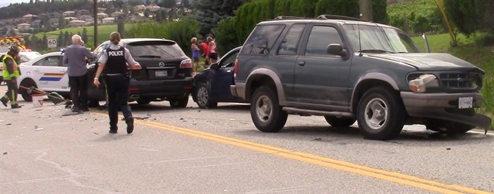 A three-vehicle crash at Boucherie Road and Mission Hill Road, Saturday, July 9, 2016.