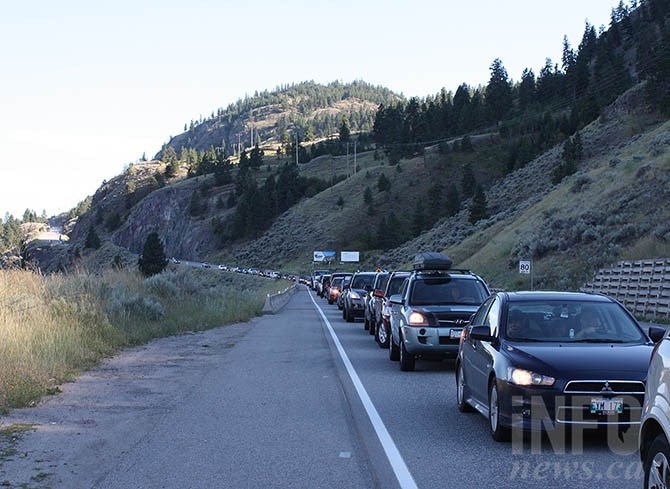 Traffic was slow moving and backed up for at least two kilometres south of Penticton on Highway 97 this afternoon, July 27, 2016.