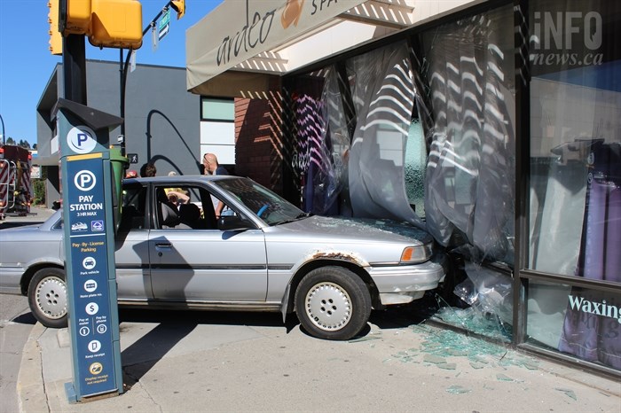 A car crashed into Ardeo Spa and Salon while apparently trying to avoid a two-vehicle crash in the intersection of Seymour Street and 4 Ave in downtown Kamloops.