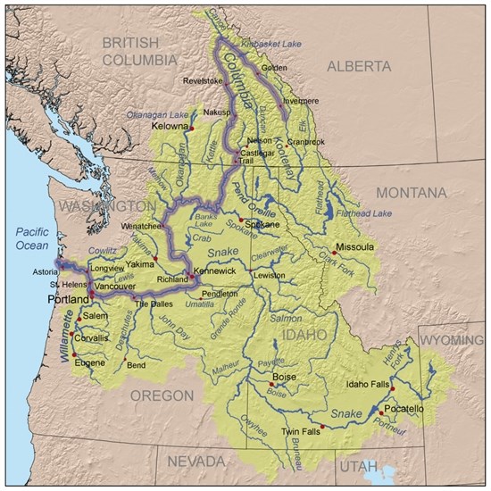 A map of the Columbia River watershed with the Columbia River highlighted.